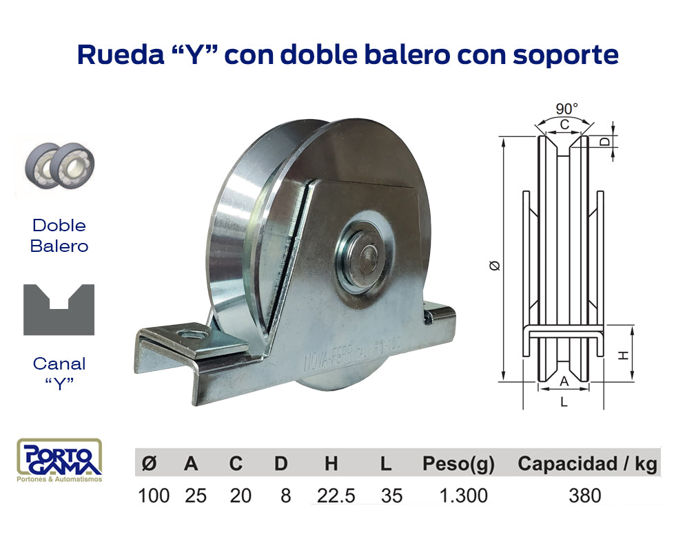 Rodamiento 100 cm x 25 cm Canal Y  con base, 380 Kg