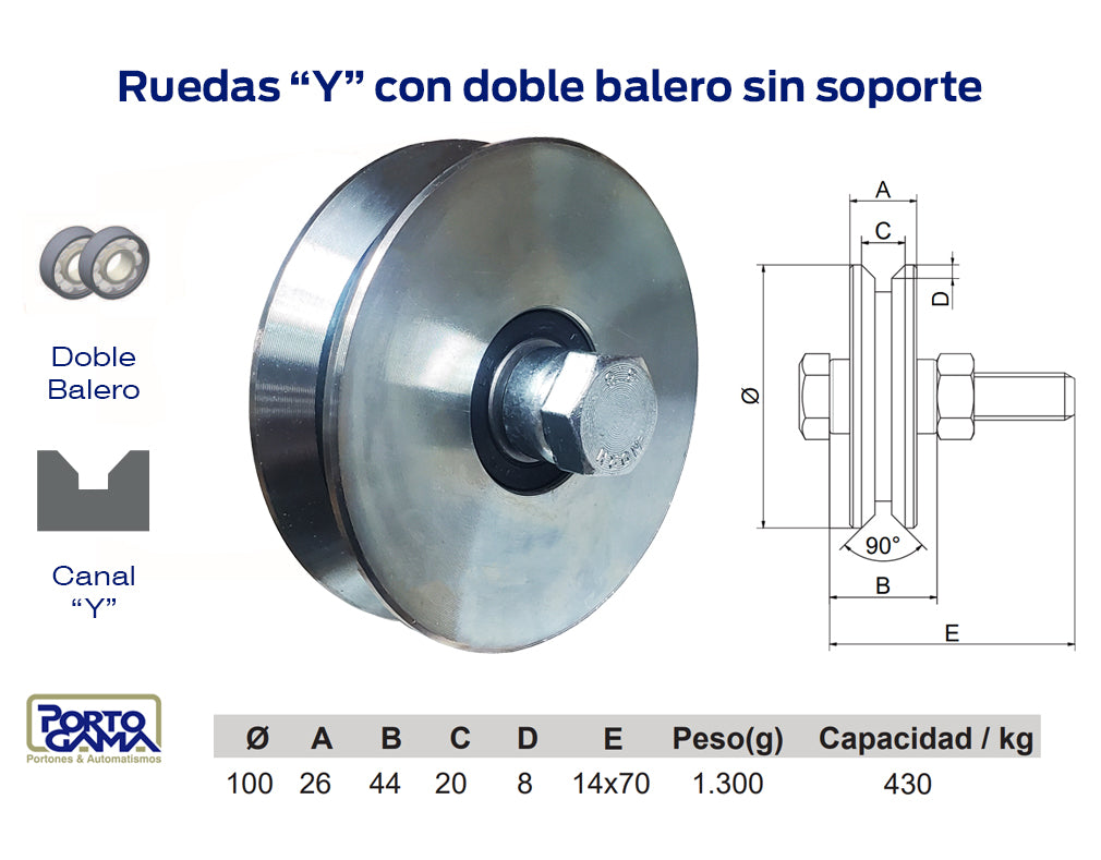 Rodamiento 100 cm x 25 cm Canal Y sin base, 430 Kg